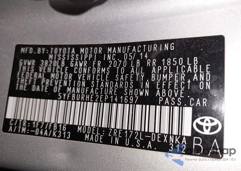 2014 Toyota Corolla Le z USA, uszkodzony, nr VIN 5YFBURHE2EP141697